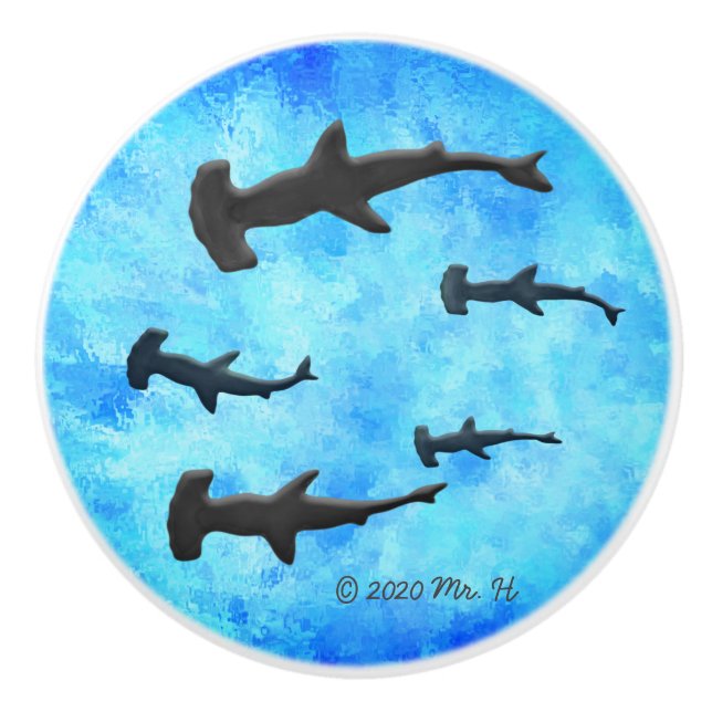 School of Hammerhead Sharks in Silhouette Ceramic Knob (Front)