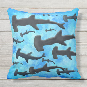 School of Hammerhead Sharks in Silhouette Outdoor Pillow
