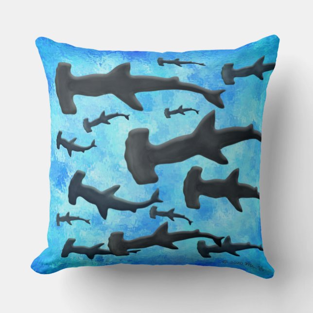 School of Hammerhead Sharks in Silhouette Throw Pillow (Front)