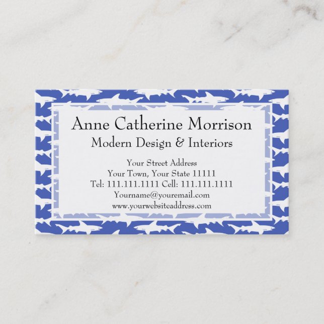 School of Sharks Funny Blue and White Business Card (Front)