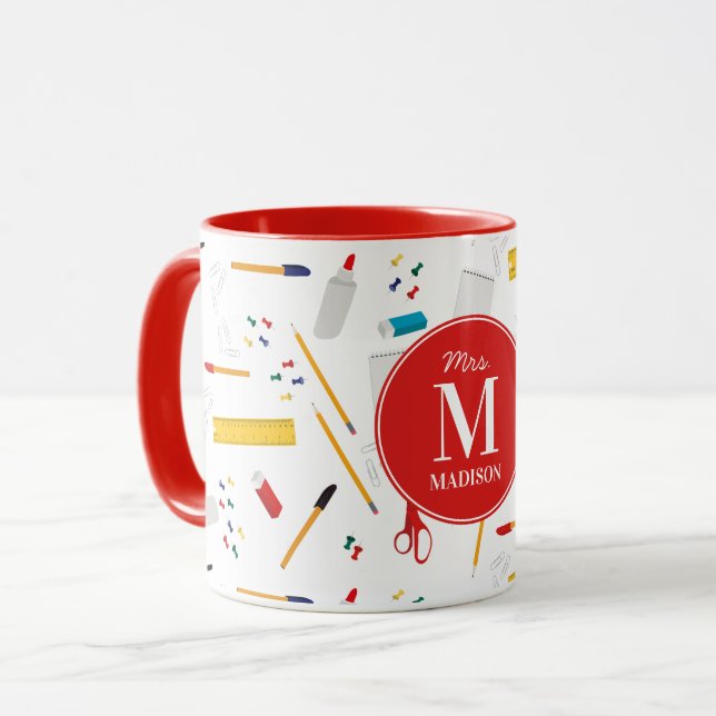 School Office & Crafts Supplies Pattern Monogram Mug (Front Left)
