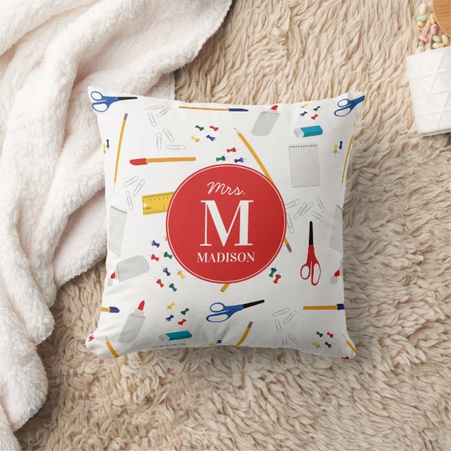 School Office & Crafts Supplies Pattern Monogram Throw Pillow (Blanket)