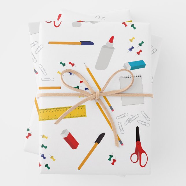 School Office & Crafts Supplies Pattern Wrapping Paper Sheet (In situ)