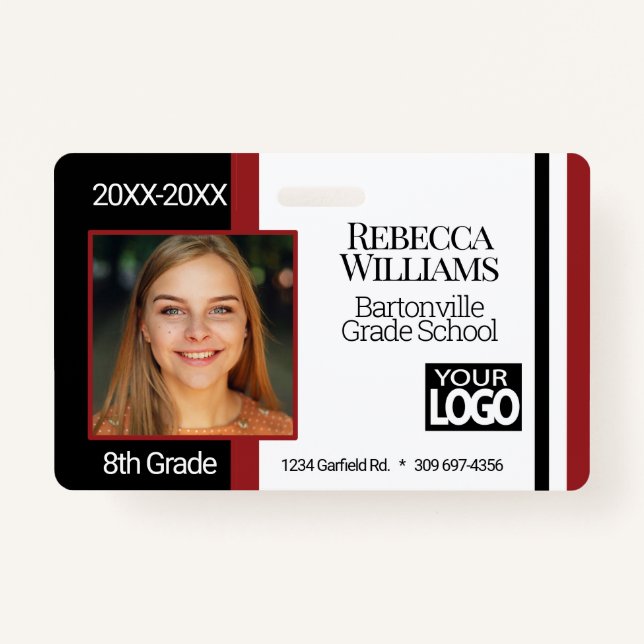 School Photo Badge - Dark Red, Black White (Front)