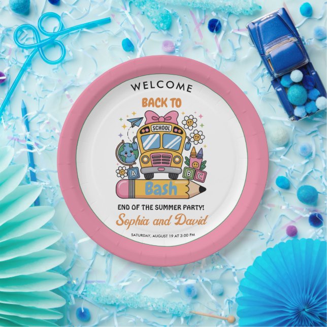 School’s Back Bash! Editable End of Summer Party  Paper Plate (Party)