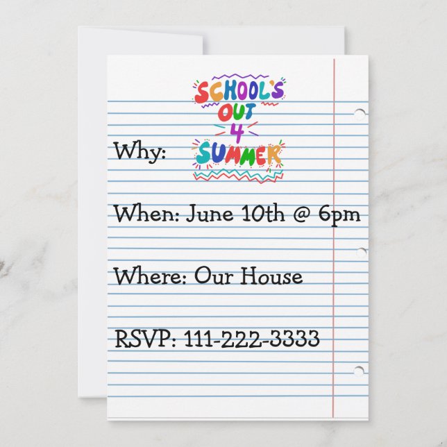 School’s Out Loose Leaf Paper Invitation (Back)