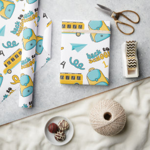 School Seamless Wrapping Paper: Numbers, Bag, Bus Paper