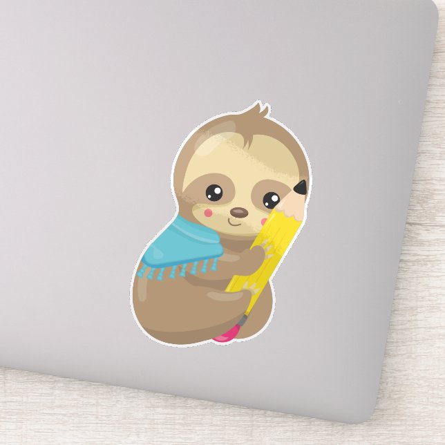 School Sloth, Cute Sloth, Baby Sloth, Pen, Pencil (Detail)