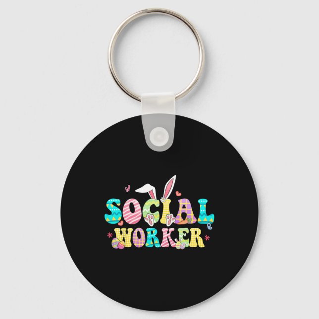 School Social Worker Happy Easter Bunny Eggs Rabbi Keychain (Front)