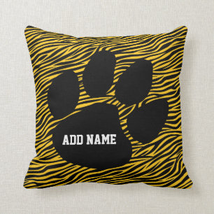 School Spirit - Tiger Paw Print and Stripes Throw Pillow