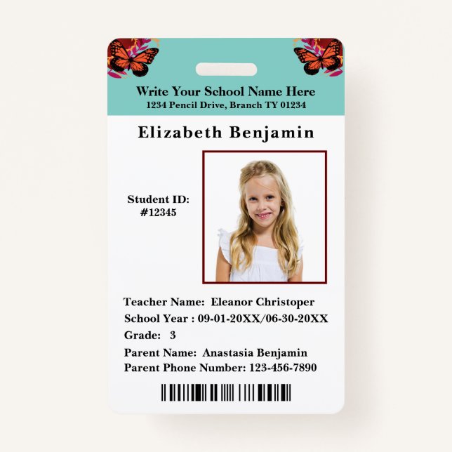  School Student Boys Girls ID Identification Card Badge (Front)