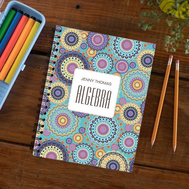 School Subject Personalized Colourful Teal Notebook (School subject spiral notebook with creative simple pattern.)