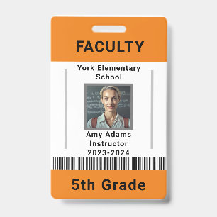 School Teacher ID Badge Template W/ Barcode Orange