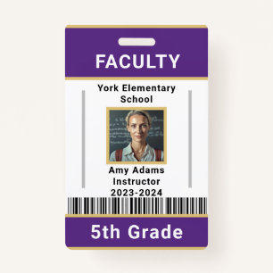 School Teacher ID Badge Template W/ Barcode Purple