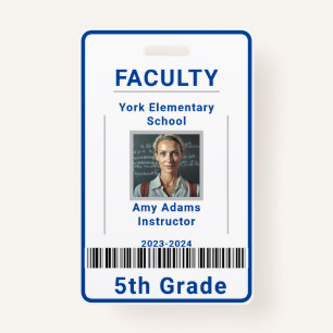 School Teacher ID Badge Template With Barcode Blue