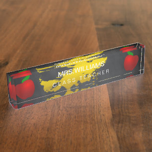 School Teacher Red Apple Black Chalkboard Nameplate