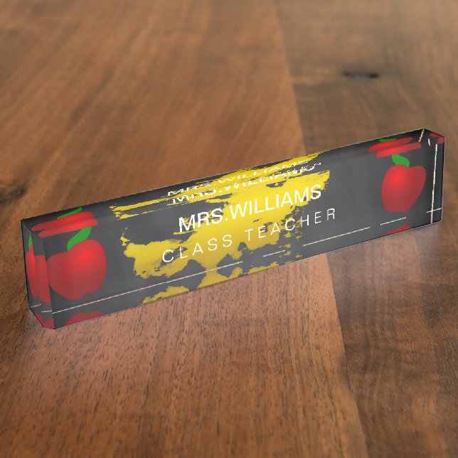 School Teacher Red Apple Black Chalkboard Nameplate (Side)