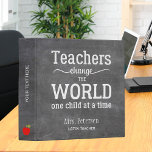 School teacher white script quote chalkboard binder<br><div class="desc">Teacher personalized binder with inspirational white typography script quote "Teachers change the world one child at a time" and red apple on blackboard background</div>