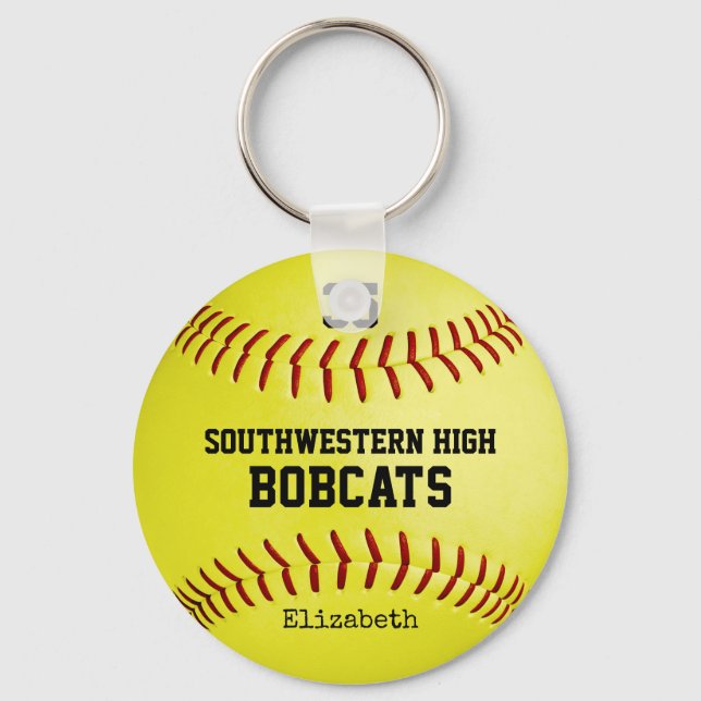School team and player name yellow softball keychain (Front)