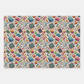 School Theme Wrapping Paper Flat Sheet Set of 3