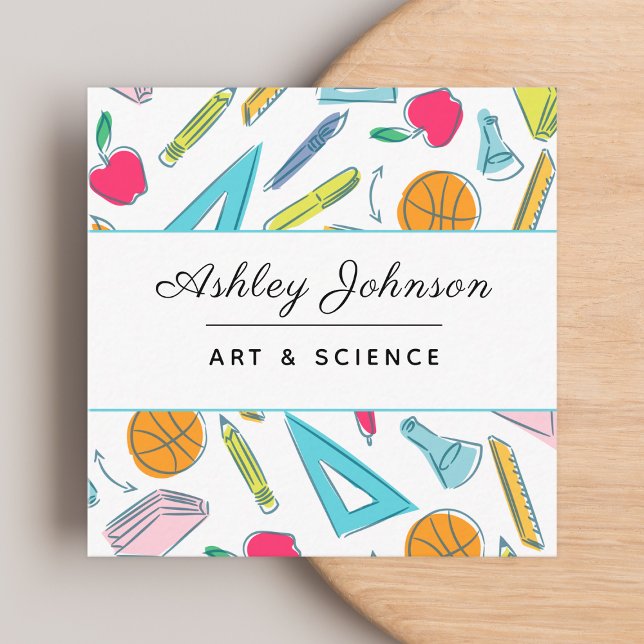 School Things Objects Pattern Teacher Colourful Fu Square Business Card (Creator Uploaded)