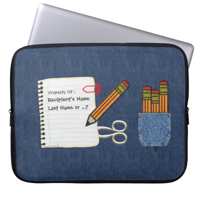 School Tools on Denim Personalized Laptop Sleeve (Front)
