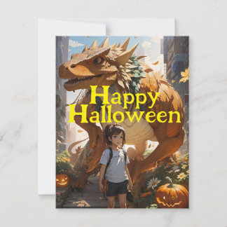 Schoolgirl and Dinosaur Halloween Friend Holiday Card