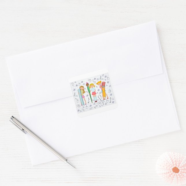 Schoolgirls with Oversized School Stationery  Square Sticker (Creator Uploaded)