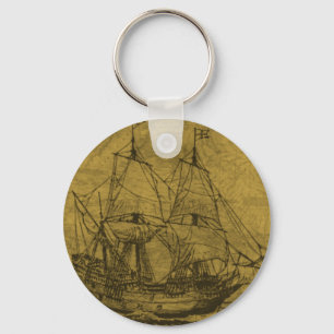 Schooner And Vintage Map Keychain