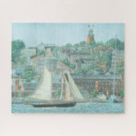 Schooner in Casco Bay 520pc Puzzle<br><div class="desc">This highly detailed graphite and watercolor artwork depicts a restored 1924 schooner under sail as it passes the Munjoy Hill neighborhood of Portland, Maine heading into Casco Bay. The black hull and ivory sails bass by historic railroad buildings, warehouses, and the iconic Portland Observatory, built in 1807. Even in the...</div>