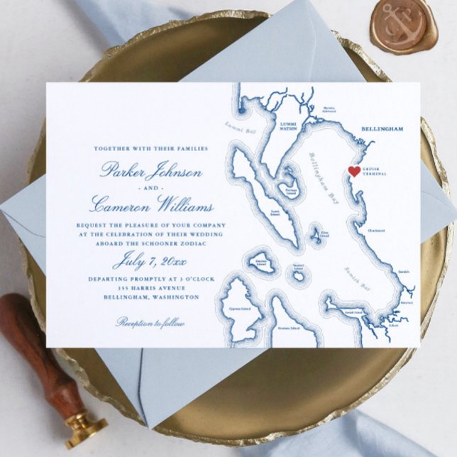 Schooner Zodiac Bellingham Bay WA Map Wedding Invitation (Elegant Bellingham Washington Schooner Zodiac Wedding Invitation in navy blue by Coastal Map Designs)