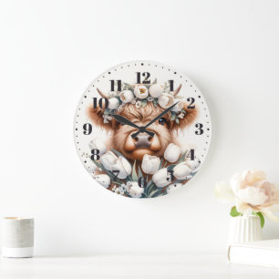 Schottische Highland-Kuh mit weißen Tulpen Wanduhr Large Clock