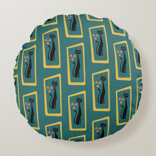 Schrödinger's Cat Mid Century Modern dark blue Round Pillow (Front)