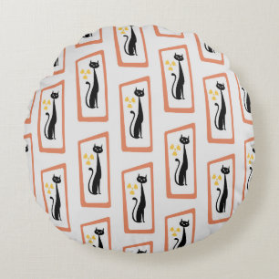 Schrödinger's Cat Mid Century Modern orange Round Pillow