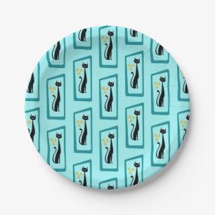 Schrödinger's Cat Mid Century Modern pale blue Paper Plate