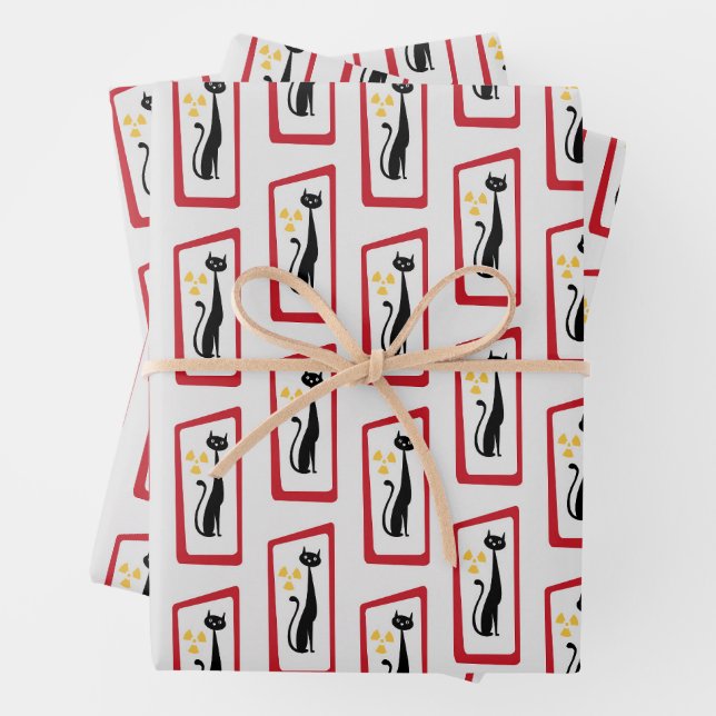 Schrödinger's Cat Mid Century Modern red Wrapping Paper Sheet (In situ)