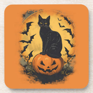 Schwarze Katze auf Halloween-Kürbis Coaster