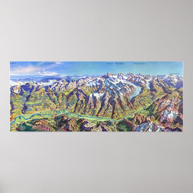 " Schweiz: 1960er/heute - Wallis Panoramakarte Poster (Front)