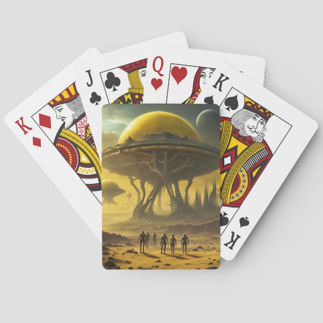 Sci-Fi Alien World View Planet Ufo Tower Playing Cards (Back)