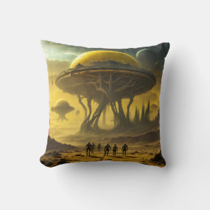 Sci-Fi Alien World View Planet Ufo Tower Throw Pillow