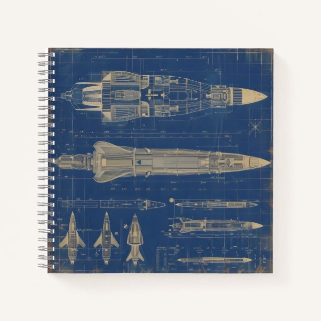 Sci-Fi Blueprint Rocket Notebook (Front)