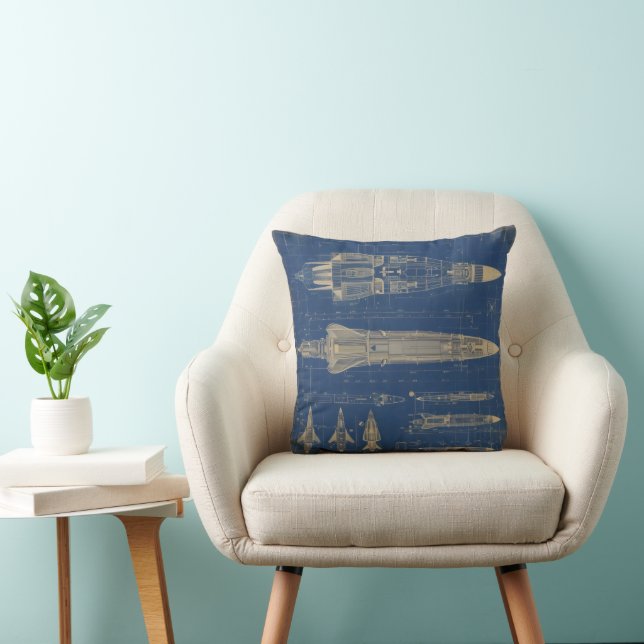 Sci-Fi Blueprint Rocket Throw Pillow (Chair)