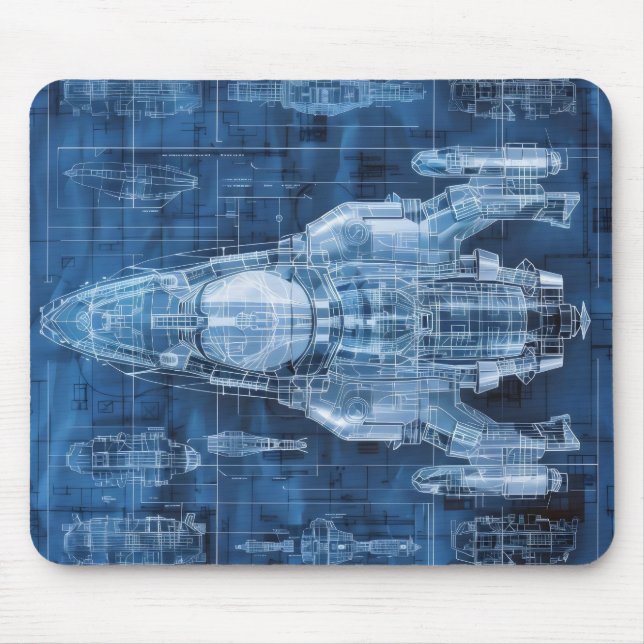 Sci-Fi Blueprint Space Ship Mouse Pad (Front)