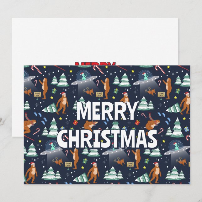 Sci-Fi Christmas | Big Foot, Aliens, & Reindeer Holiday Card (Front/Back)