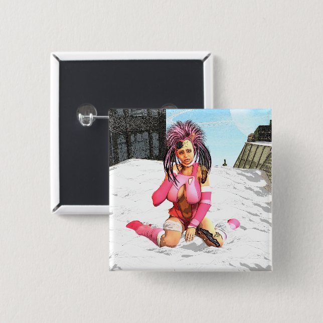 Sci Fi Female Cyborg 2 Inch Square Button (Front & Back)