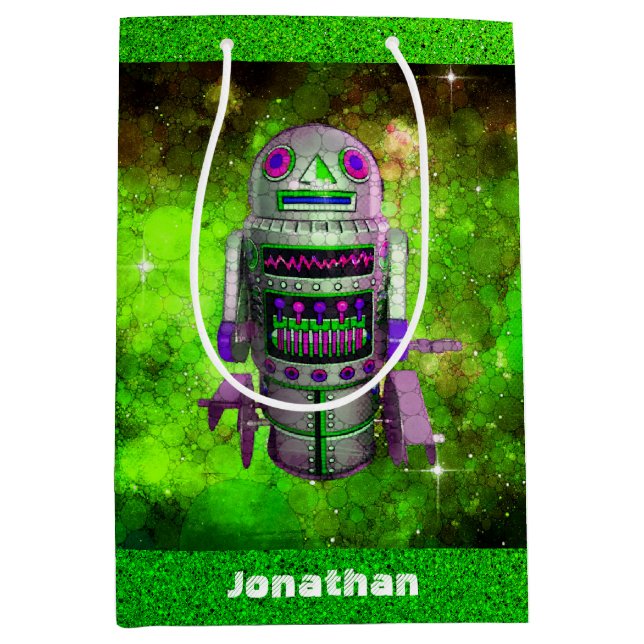 Sci fi retro toy robot green galaxy custom name medium gift bag (Front)