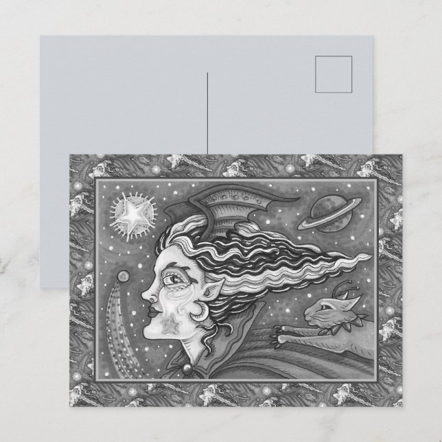 SCI FI SPACE WITCH & COMET CAT BLK/WHITE HALLOWEEN HOLIDAY POSTCARD (Front/Back)