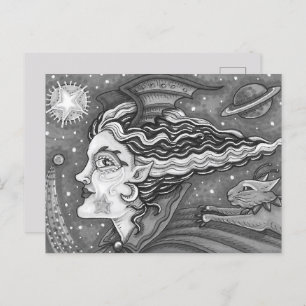 SCI FI SPACE WITCH & COMET CAT BLK/WHT HALLOWEEN HOLIDAY POSTCARD