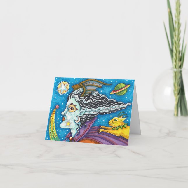 SCI FI SPACE WITCH & COMET CAT HALLOWEEN Blank Card (Front)