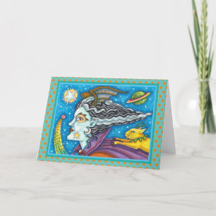 SCI FI SPACE WITCH & COMET CAT HALLOWEEN Blank Card